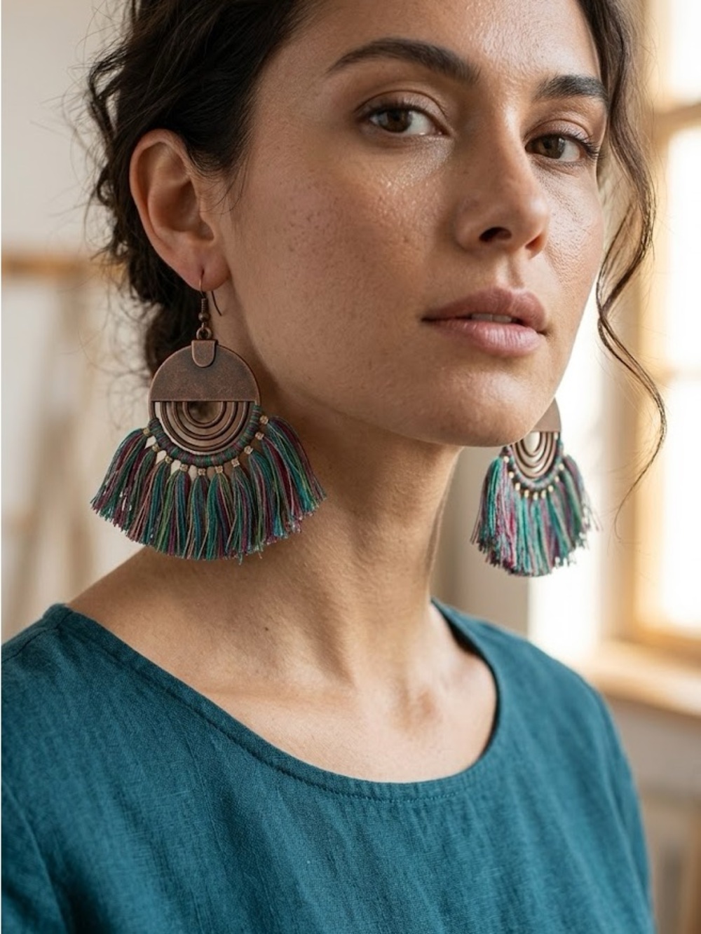🔥4/$20 Fashion Jewelry Teal and Pink Tassel Fan Drop Earrings